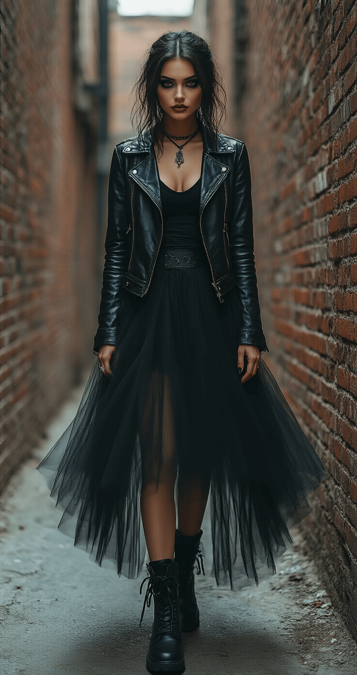 Witch Costumes for Women: Finding the Perfect Spellbinding Look An edgy urban witch model poses in an industrial alleyway, wearing a black leather jacket over a flowing black tulle skirt, chunky combat boots, and dramatic smokey eye makeup, with high contrast shadows and cinematic color grading enhancing the steampunk-inspired aesthetic.