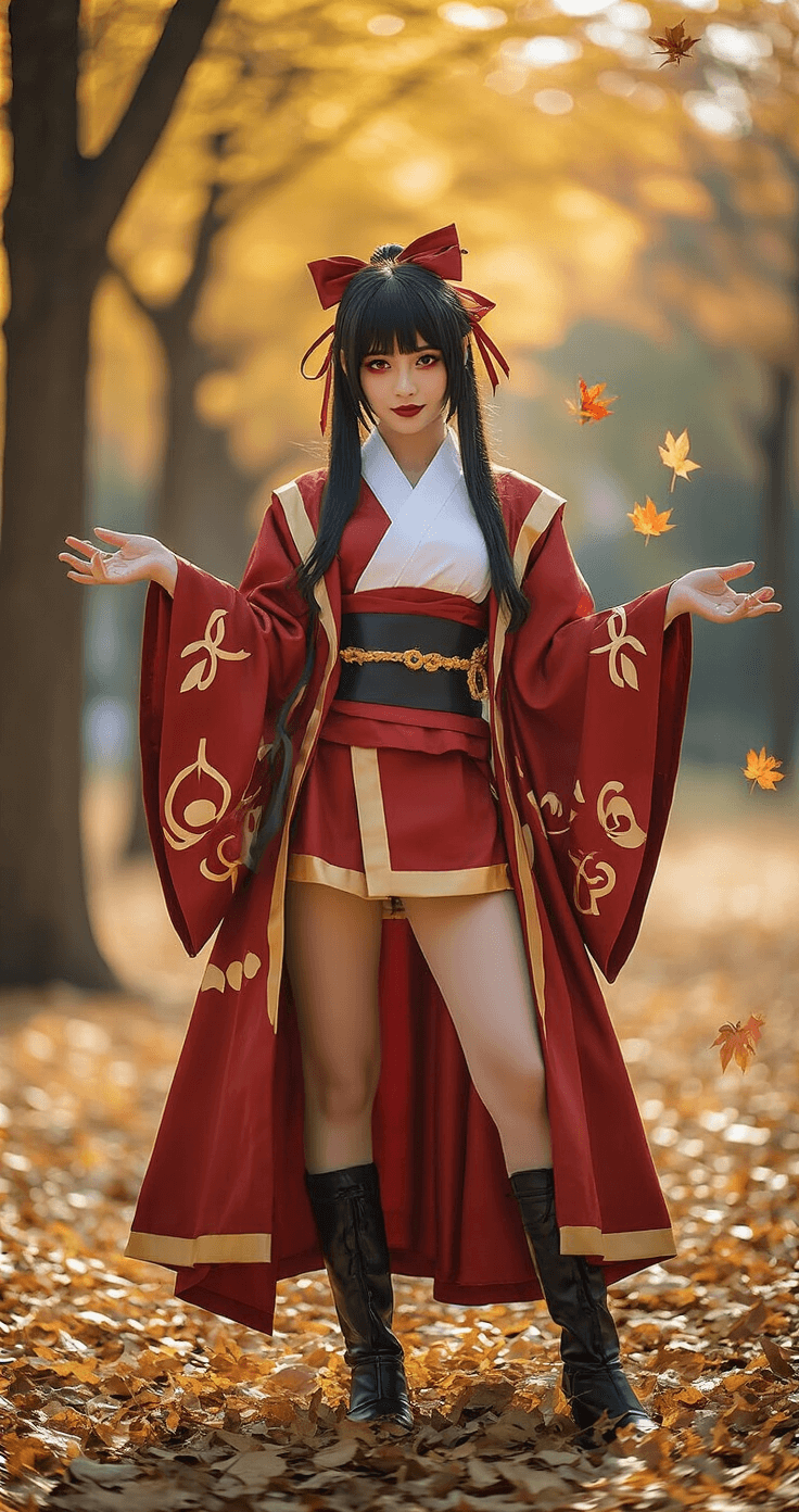 A woman in a vibrant Hu Tao cosplay stands playfully amidst fallen leaves in an autumn park, her rich red and gold costume featuring floating jacket edges, a vision prop, and a ghost companion accessory. Soft backlighting enhances the ethereal glow around her, capturing her energetic personality.