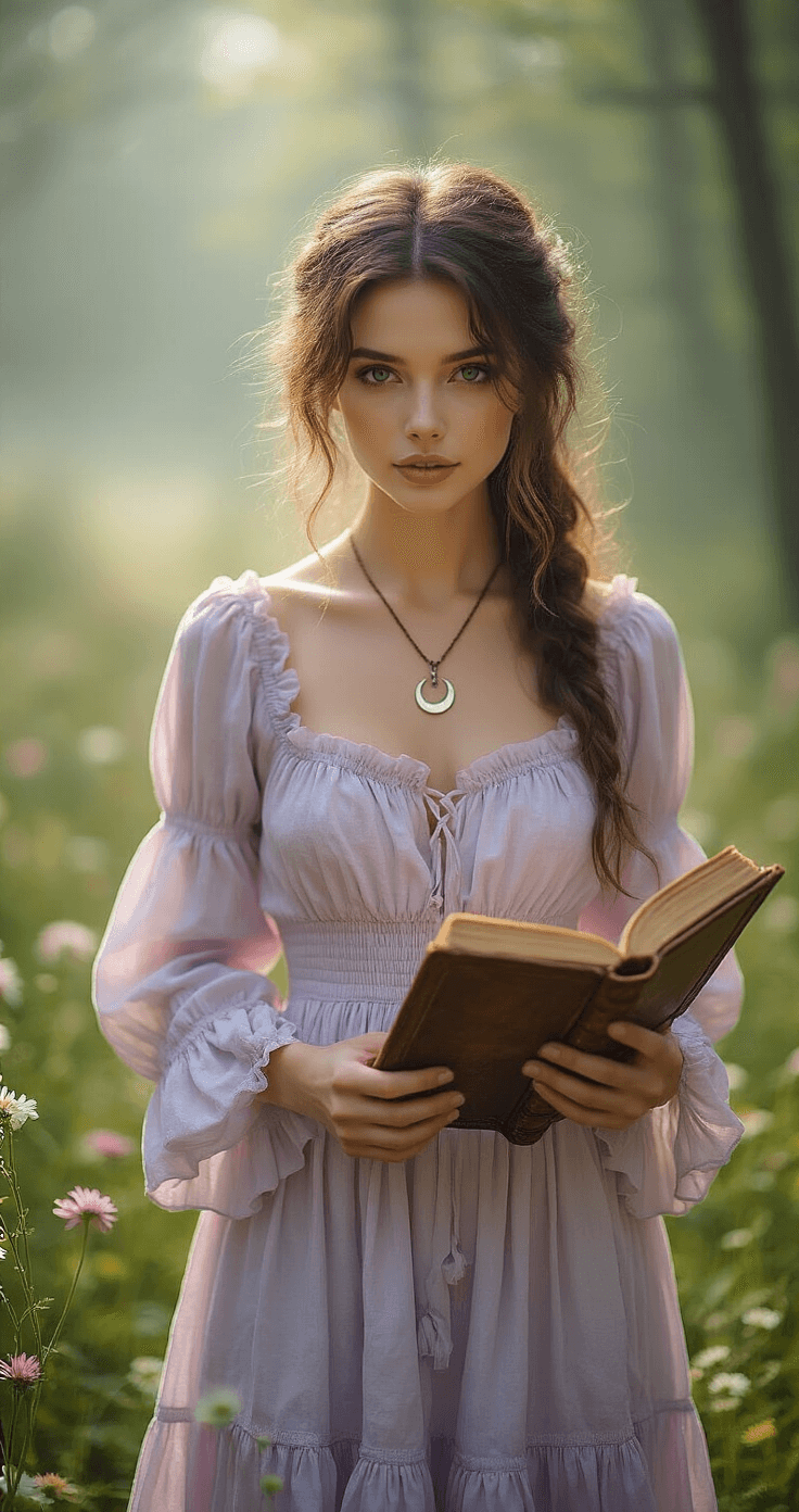 Witch Costumes for Women: Finding the Perfect Spellbinding Look A woman in a lavender ruffled dress stands in a misty forest clearing, surrounded by wildflowers and soft morning light. She wears delicate moon pendant jewelry and holds a vintage leather-bound spellbook, showcasing an ethereal and whimsical witch aesthetic with natural makeup.