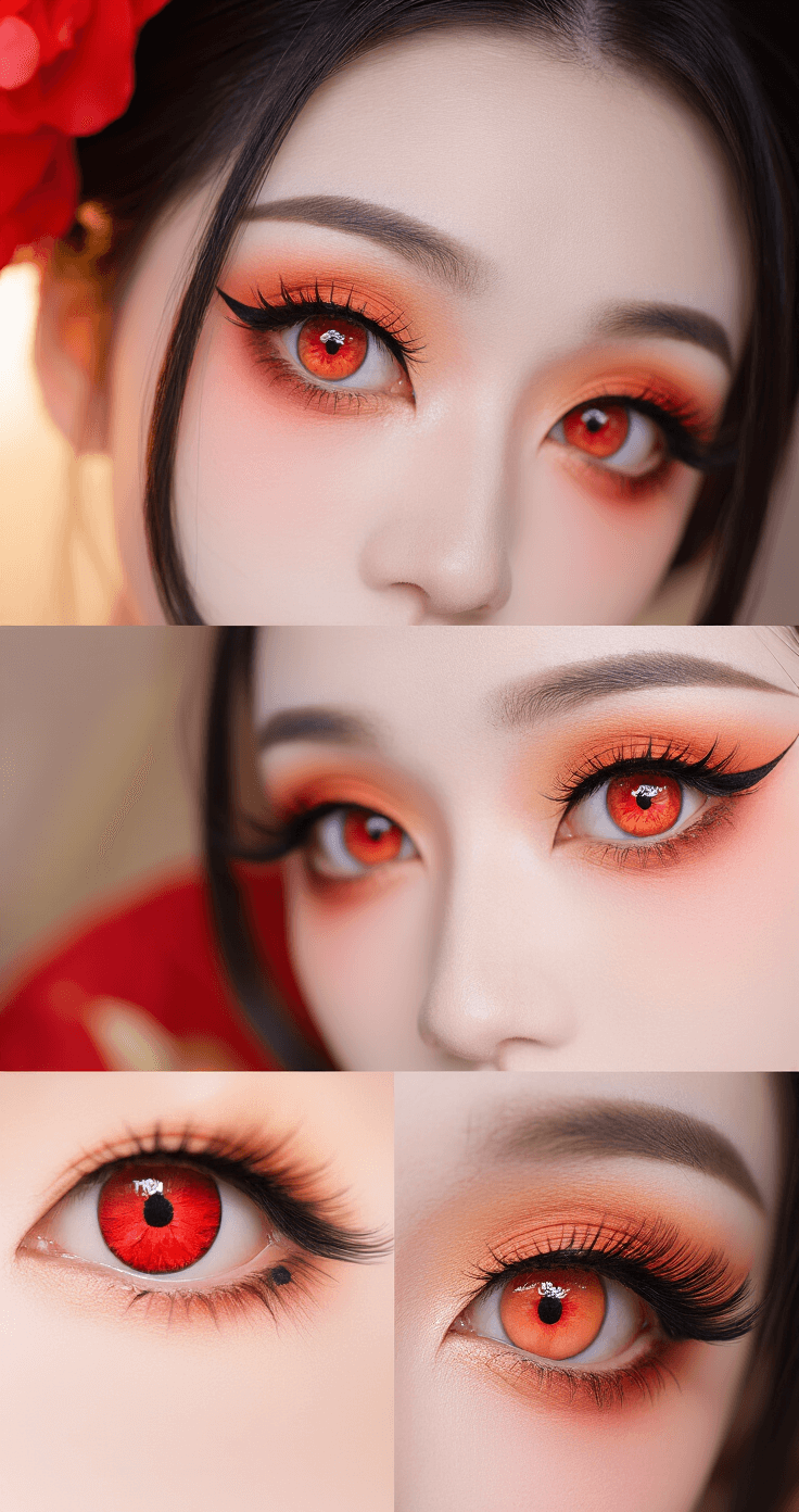Close-up of Hu Tao cosplay makeup with warm red and orange eyeshadow, winged eyeliner, false lashes, and flower-pupil contact lenses, featuring soft studio lighting that emphasizes makeup details and skin texture, while blurred costume elements and wig are visible in the background.