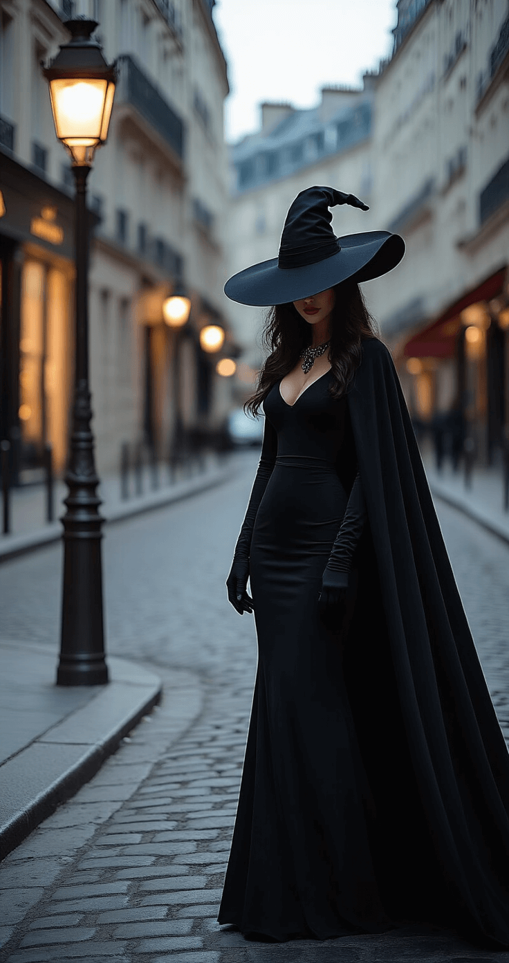 Witch Costumes for Women: Finding the Perfect Spellbinding Look A stylish witch in an all-black outfit featuring a fitted long dress, a dramatic cape, and a wide-brimmed hat, posed on a Parisian street corner at dusk, illuminated by soft streetlamp light, showcasing elegant lines and luxurious fabric textures.