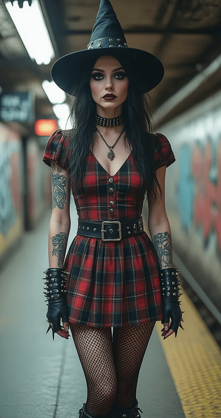 Witch Costumes for Women: Finding the Perfect Spellbinding Look A punk rock witch stands confidently in a gritty subway station, wearing a plaid mini dress and fishnet stockings, adorned with studded leather accessories, and dramatic dark makeup, embodying an alternative fashion energy with a rebellious aesthetic.