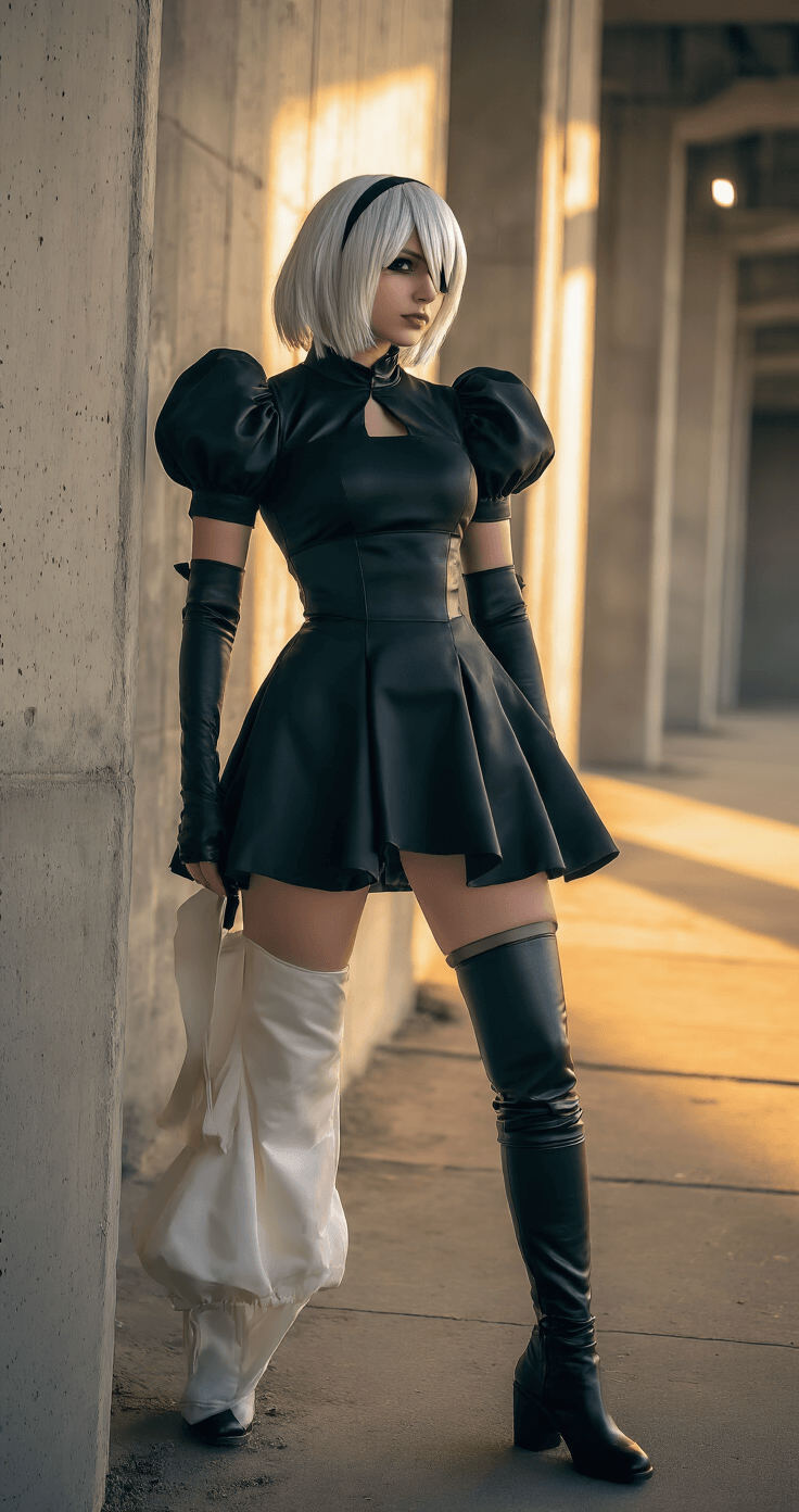 A female cosplayer dressed as 2B from Nier: Automata stands in an urban industrial setting, showcasing her black dress, thigh-high boots, and white blindfold. The soft golden hour lighting enhances the intricate costume details and textures, with a dramatic side profile against concrete walls and steel structures, emphasizing the craftsmanship of the cosplay.