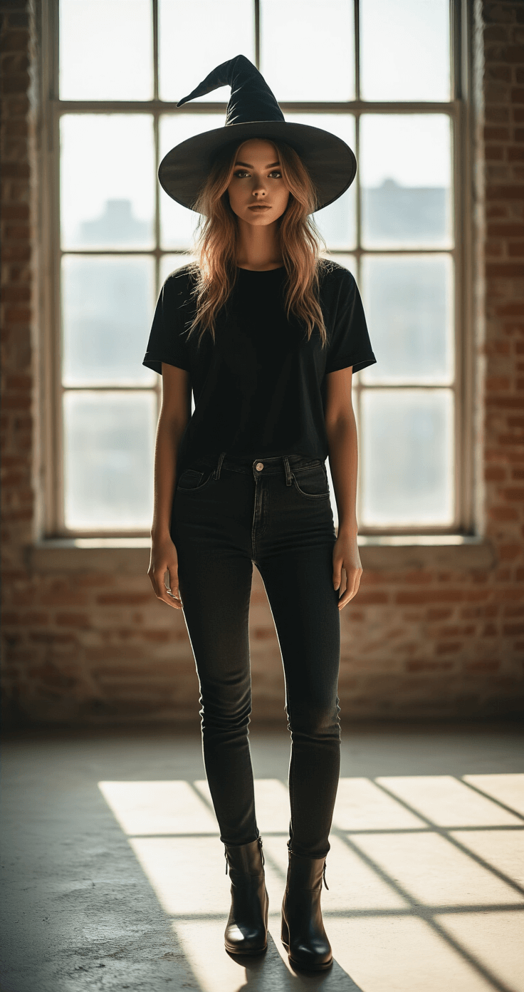 Witch Costumes for Women: Finding the Perfect Spellbinding Look A modern witch wearing black skinny jeans, an oversized black t-shirt, and a pointed witch hat, standing in a sunlit urban loft with large windows, showcasing a relaxed Halloween style with comfortable ankle boots and natural soft lighting.