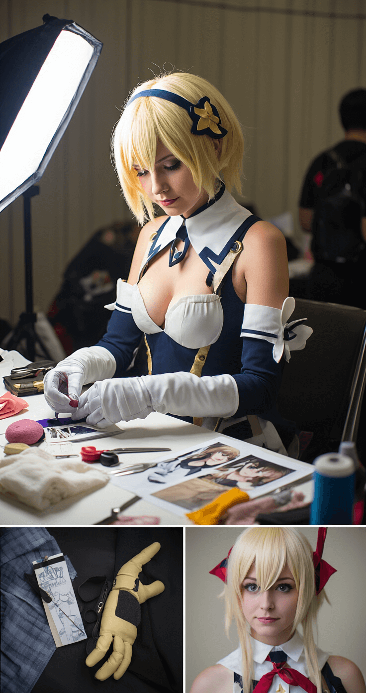 A cosplayer adjusts her 2B costume backstage at a convention, surrounded by sewing tools, fabric scraps, and reference images, showcasing the detailed process of costume preparation with soft diffused lighting highlighting glove modifications, wig styling, and prop weapon detailing.