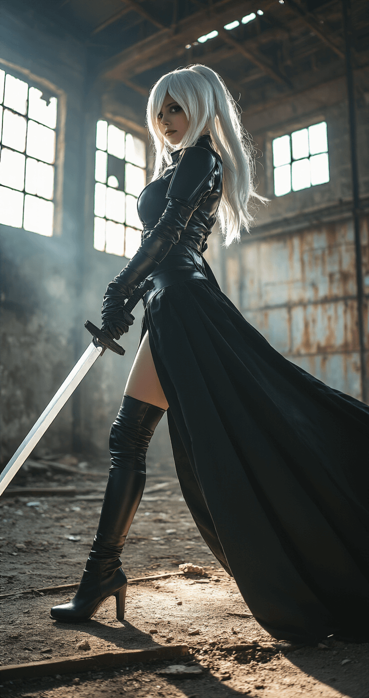 A 2B cosplayer poses dynamically in an abandoned industrial warehouse, wielding prop swords under dramatic stage lighting that casts high-contrast shadows, with the flowing black fabric of the costume emphasizing her android-like elegance against the backdrop of rusted metal structures and broken windows.