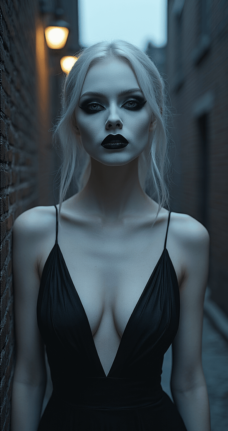 A pale-skinned female model with stark white makeup and black smokey eyes poses dramatically in a shadowy urban alleyway at twilight, wearing a sleek black cocktail dress. The low ambient streetlight casts deep shadows, highlighting her intricate makeup and costume.