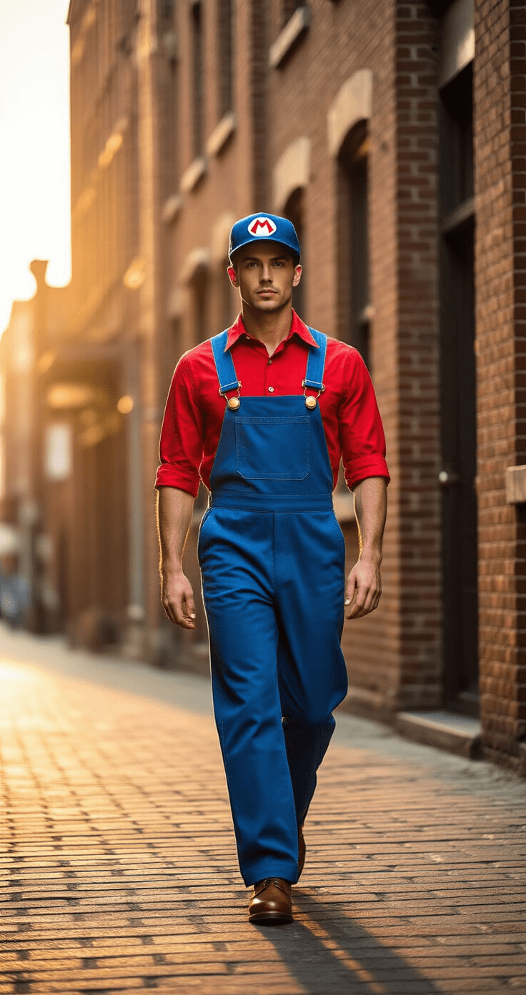 A male model in a Super Mario costume walks confidently along a brick-lined urban street at golden hour, with warm sunlight highlighting the details of his crisp red shirt, blue overalls, and vintage cap, while soft shadows and natural street textures enhance the scene.