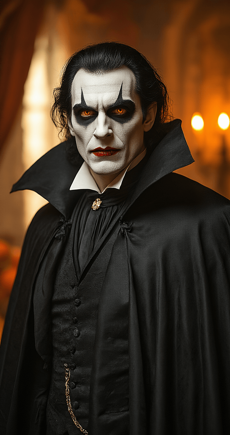 Close-up of a Dracula costume at a Halloween party, featuring a tailored black cape, slicked-back hair, dramatic white face paint, and a vintage dress shirt, all highlighted by moody amber lighting with gleaming plastic fangs.