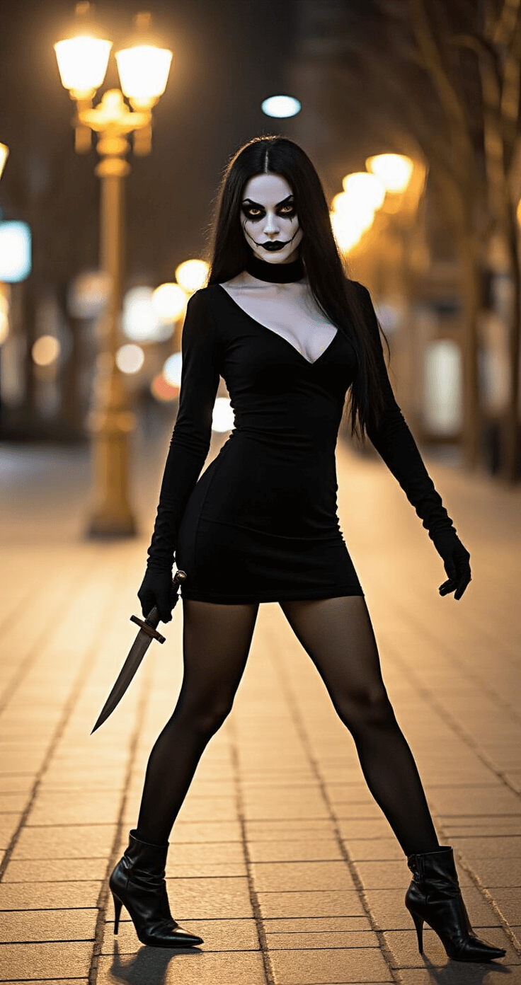 Model in Jane the Killer cosplay, wearing a black cocktail dress and ankle boots, confidently walking through an urban nighttime setting with a dramatic white face and intense black eye makeup, holding a prop knife, illuminated by a golden streetlamp.
