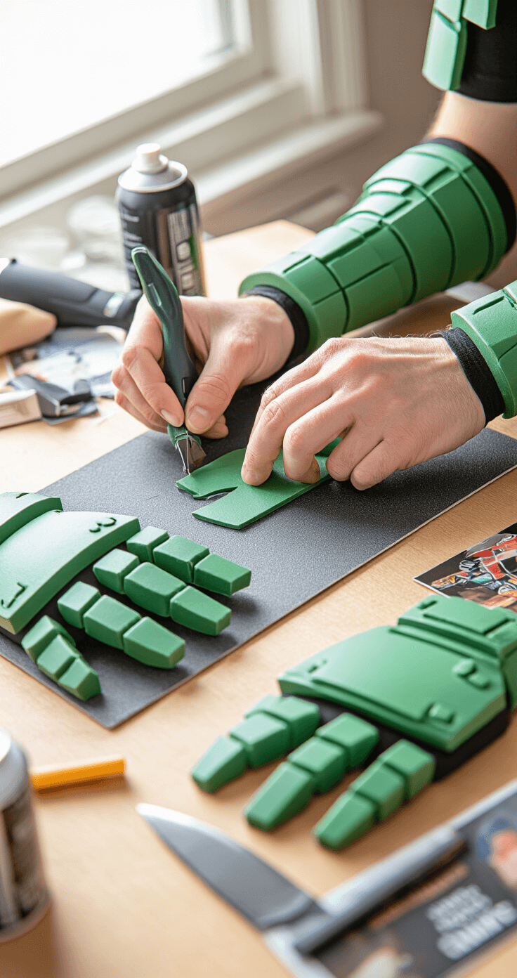 Close-up of hands cutting and shaping green EVA foam for a Bakugou cosplay, surrounded by crafting tools like a heat gun, craft knife, and spray paints, with natural light illuminating the detailed workspace filled with armor pieces.