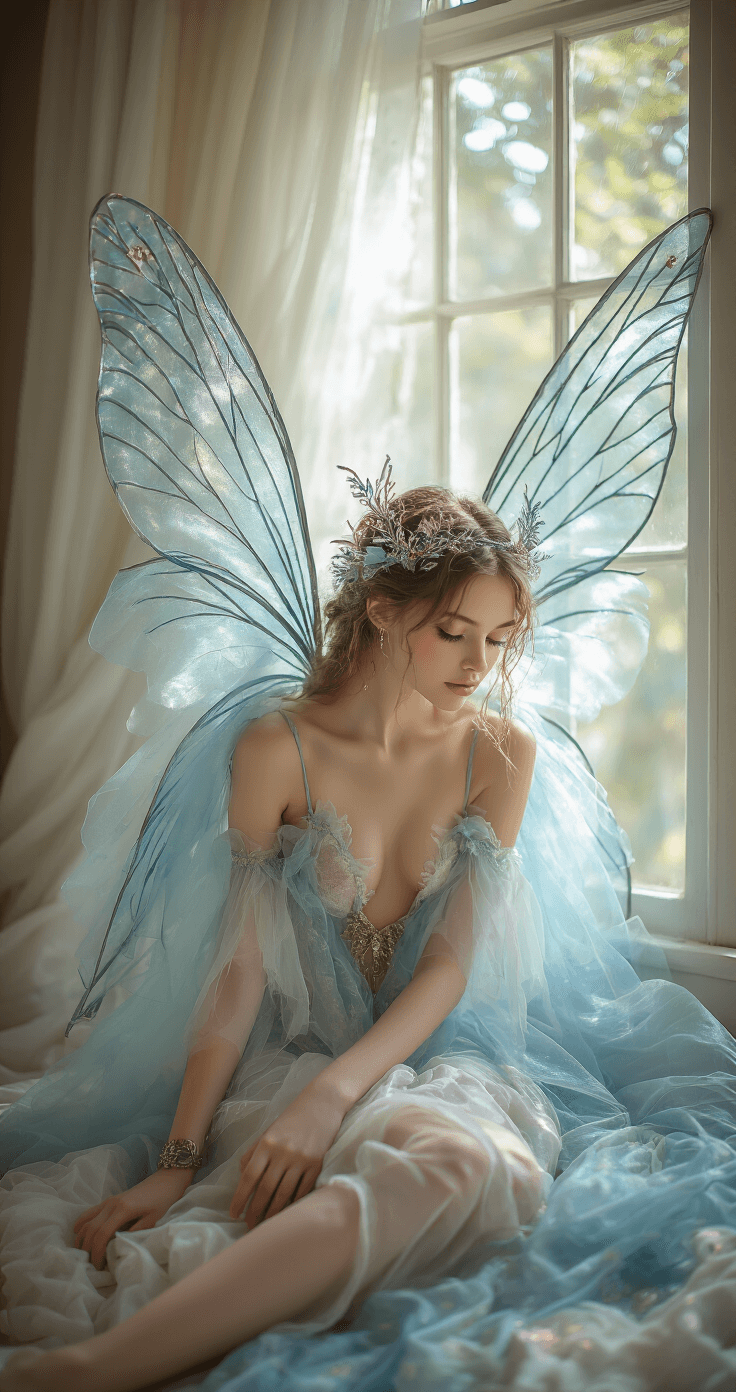 A whimsical bedroom scene featuring a model in a DIY fairy costume, showcasing shimmering oceanic blue tulle wings and pastel iridescent fabric. Soft window light highlights delicate costume details, while the model wears intricate metallic accessories and flowing white undergarments.