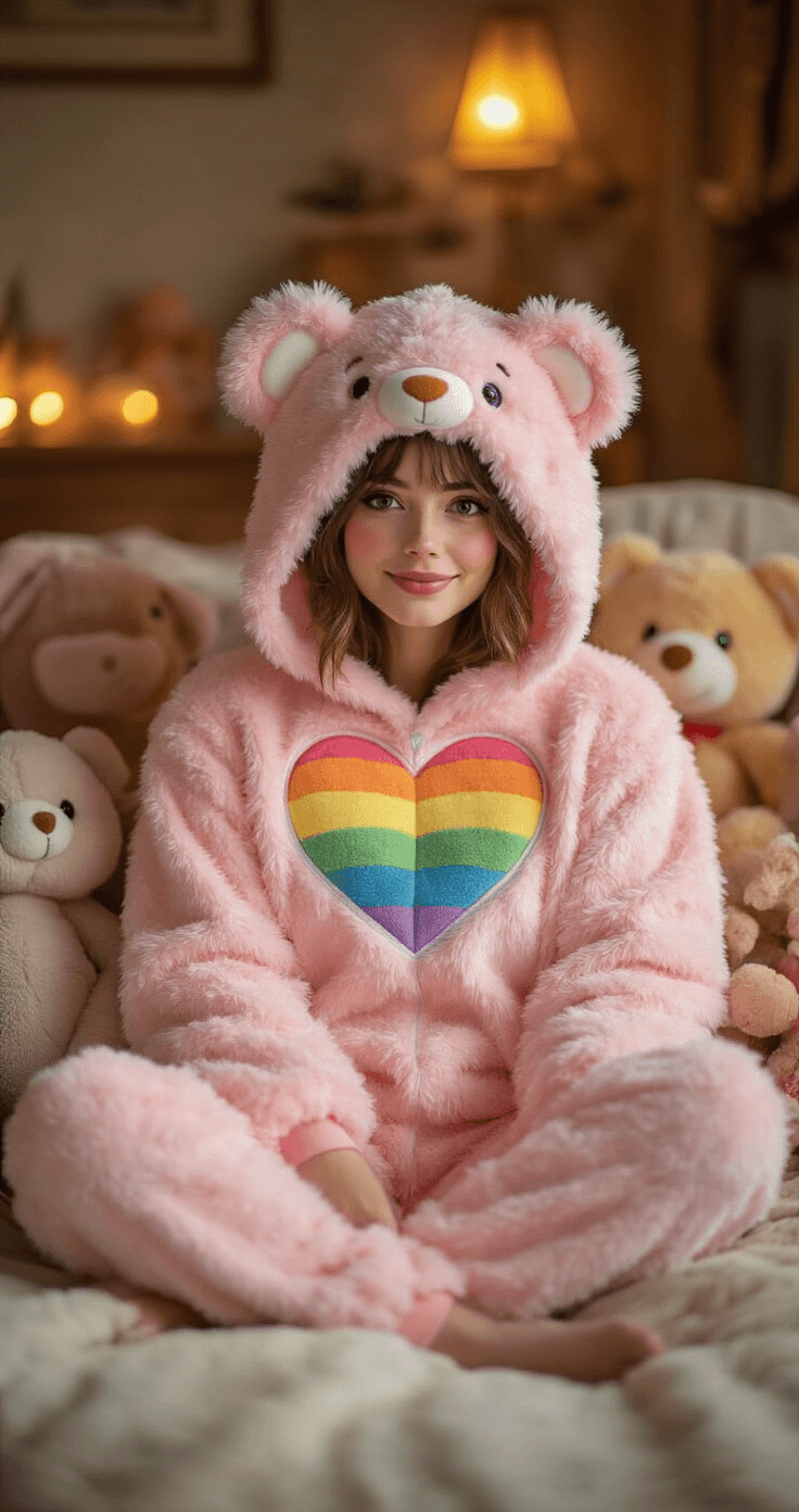 A model in fuzzy pastel pink pajamas with a rainbow heart symbol sits in a cozy living room, softly lit with warm ambient lighting, surrounded by vintage plush toys, evoking a nostalgic Care Bears-inspired scene.