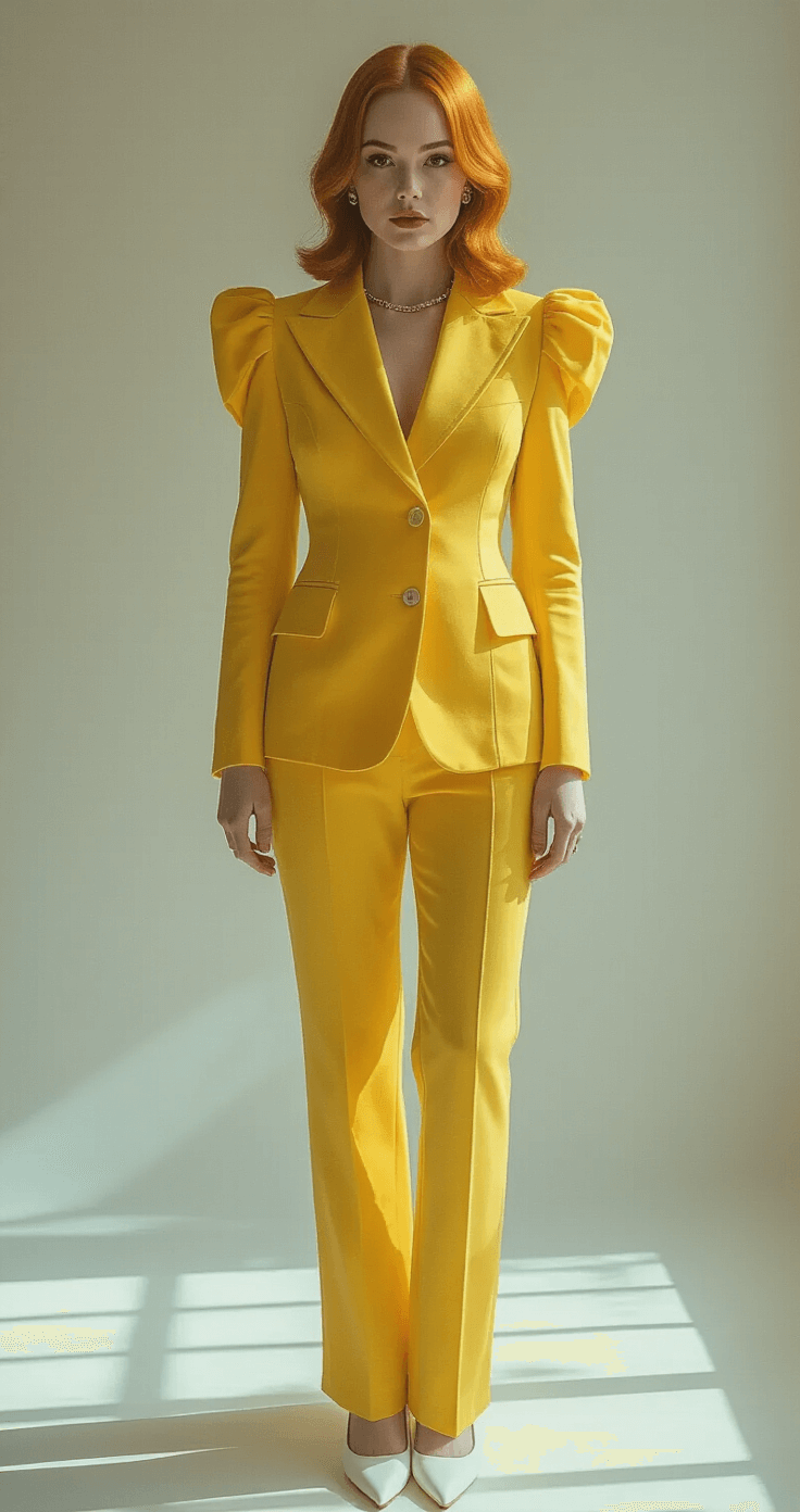 Cinematic Halloween photoshoot featuring a female model in a bright yellow three-piece suit with structured shoulders and vintage white pumps, set against a minimalist white backdrop. The ethereal glow from soft natural light highlights the intricate textile details and architectural design of the outfit.