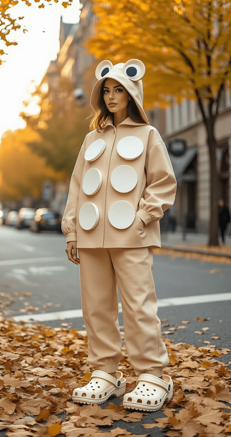 A woman in a beige costume designed to resemble Crocs shoes, with foam circle cutouts, stands on a leaf-covered urban street corner during golden hour, showcasing a humorous and minimalist fashion interpretation in an autumn setting.