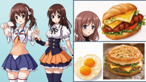 A collection of brown-haired anime characters in various cosplay outfits, showcasing their unique styles and accessories.