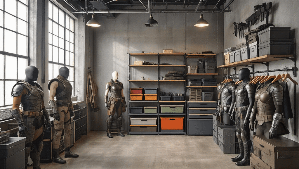 Industrial home studio featuring organized armor storage on metal wire shelving, warm tungsten lighting, color-coded armor pieces, labeled bins, wall-mounted tactical gear, and padded hangers displaying complete armor sets, set against a concrete backdrop.