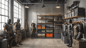 Industrial home studio featuring organized armor storage on metal wire shelving, warm tungsten lighting, color-coded armor pieces, labeled bins, wall-mounted tactical gear, and padded hangers displaying complete armor sets, set against a concrete backdrop.