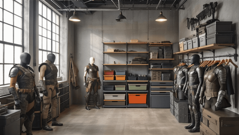 Industrial home studio featuring organized armor storage on metal wire shelving, warm tungsten lighting, color-coded armor pieces, labeled bins, wall-mounted tactical gear, and padded hangers displaying complete armor sets, set against a concrete backdrop.