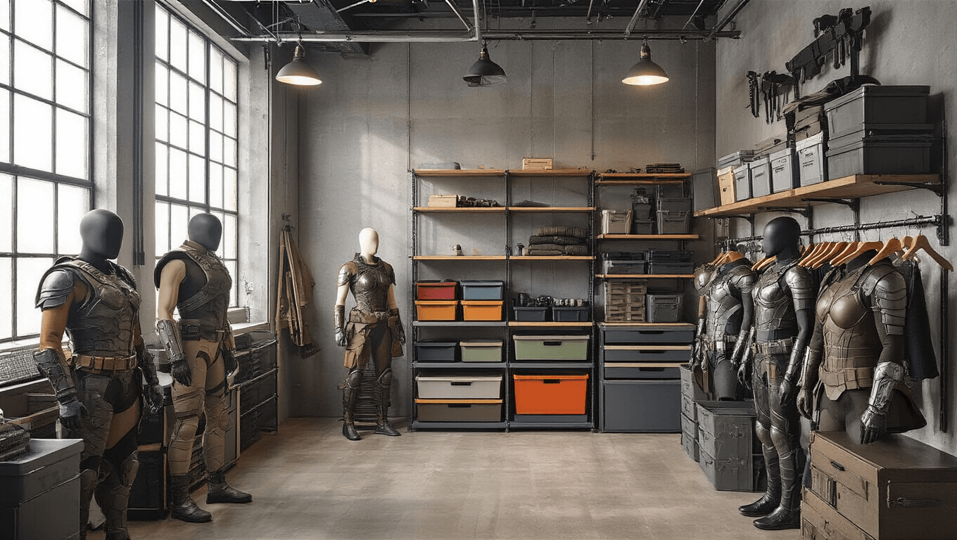 Industrial home studio featuring organized armor storage on metal wire shelving, warm tungsten lighting, color-coded armor pieces, labeled bins, wall-mounted tactical gear, and padded hangers displaying complete armor sets, set against a concrete backdrop.