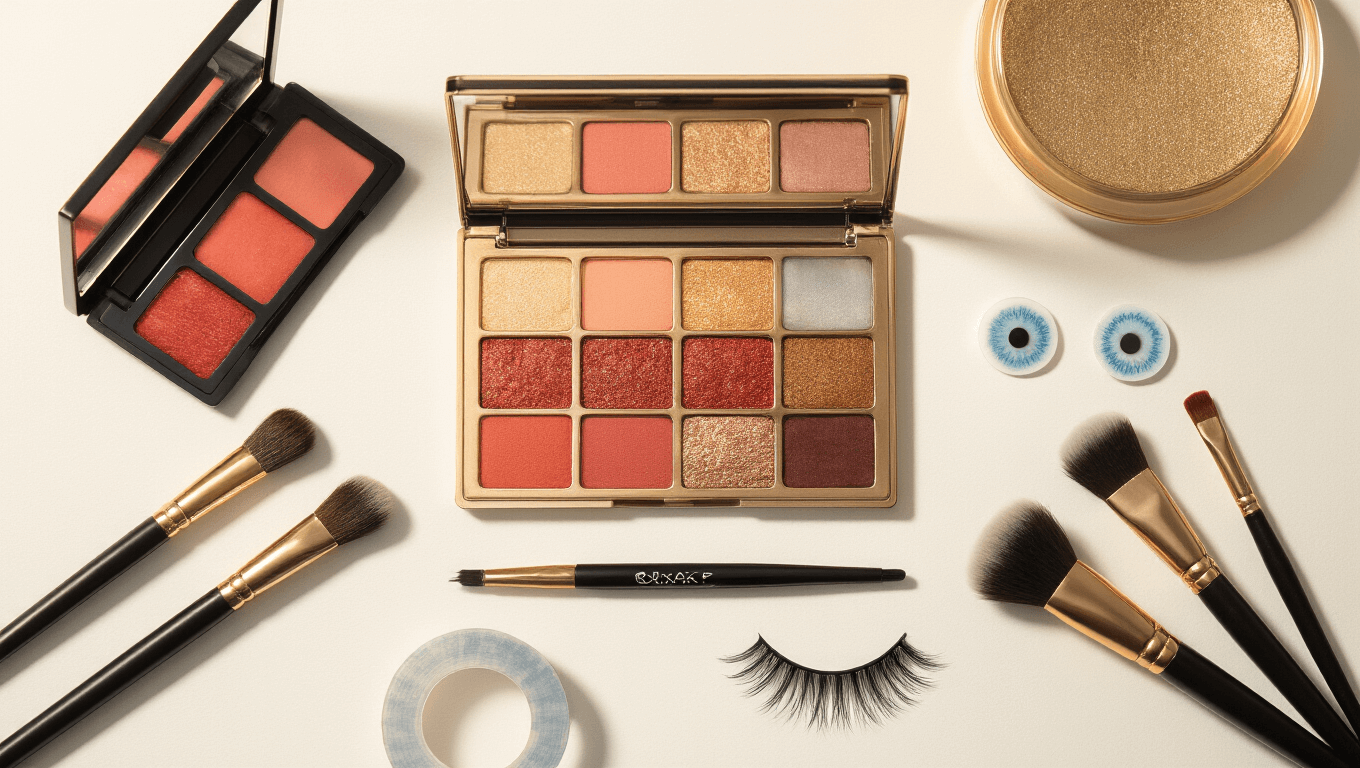 Minimalist makeup tutorial scene with reddish-brown eyeshadow palette, black eyeliner, blue contact lenses, eye tape, false lashes, and professional brushes on a clean white surface, illuminated by warm golden lighting for a cozy atmosphere.