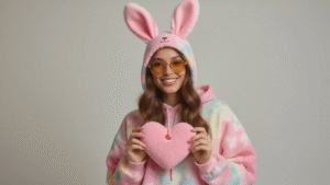 A woman wearing a pastel pink tie-dye sweatsuit and felt bunny ears holds a heart-shaped Beanie Baby tag, styled in a whimsical 90s atmosphere with warm lighting and a clean white background.