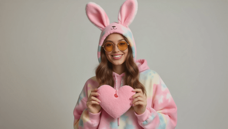 A woman wearing a pastel pink tie-dye sweatsuit and felt bunny ears holds a heart-shaped Beanie Baby tag, styled in a whimsical 90s atmosphere with warm lighting and a clean white background.