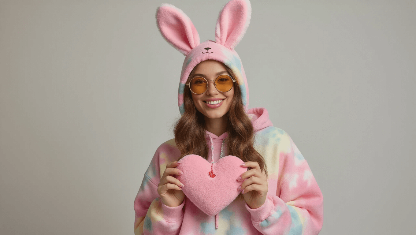 A woman wearing a pastel pink tie-dye sweatsuit and felt bunny ears holds a heart-shaped Beanie Baby tag, styled in a whimsical 90s atmosphere with warm lighting and a clean white background.