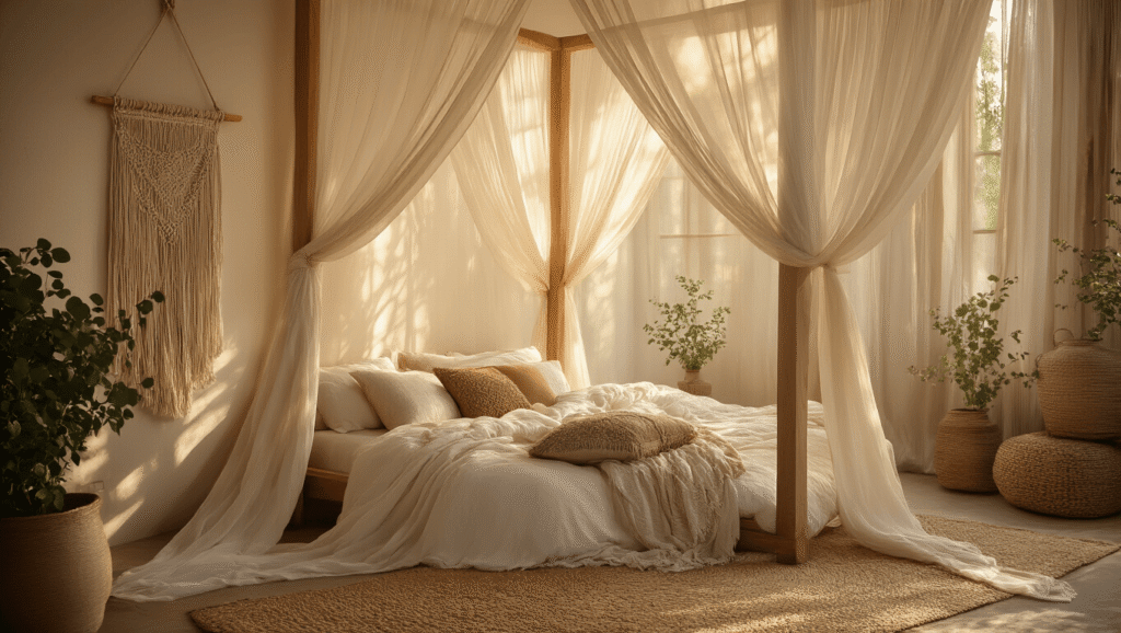 Luxurious bohemian canopy bed in natural wood, draped in cream chiffon and ivory linen, bathed in warm morning light, featuring macrame wall hanging, layered earth-tone throw pillows, and a textured jute rug, creating a cozy and inviting sanctuary atmosphere.