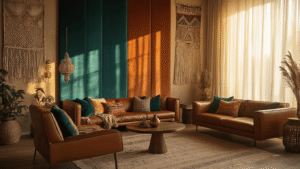 Bohemian living room with floor-to-ceiling fabric wall panels in earth tones and jewel colors, golden hour sunlight illuminating velvet textures and woven linen tapestries, mid-century leather furniture, and warm ambient lighting.