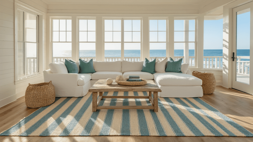 Cinematic wide-angle view of a sunlit coastal living room featuring a blue and cream striped jute rug, white sectional sofa, driftwood coffee table, seagrass basket, and warm golden hour lighting.