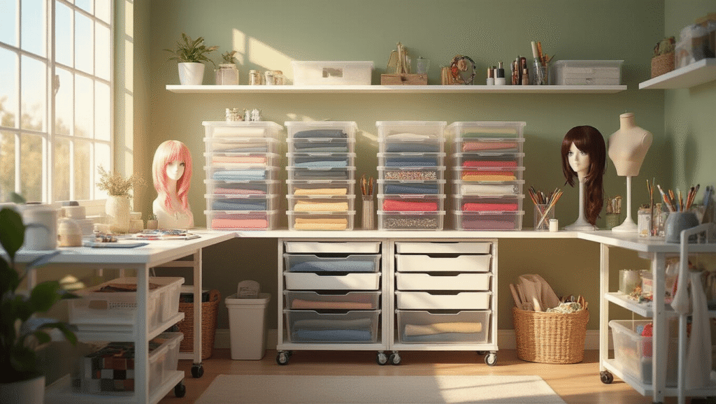How I Finally Conquered My Cosplay Supply Chaos (And You Can Too) A well-organized cosplay crafting workspace featuring transparent storage containers filled with colorful fabrics, compartmentalized drawers for beads and accessories, wig stands, and a rolling cart of painting supplies, all illuminated by warm natural light with minimalist sage green walls.
