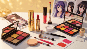 Cosplay lip makeup essentials arranged on a clean white surface, featuring vibrant lipsticks, precision brushes, and swatches showcasing before-and-after transformations, all illuminated by soft golden lighting.