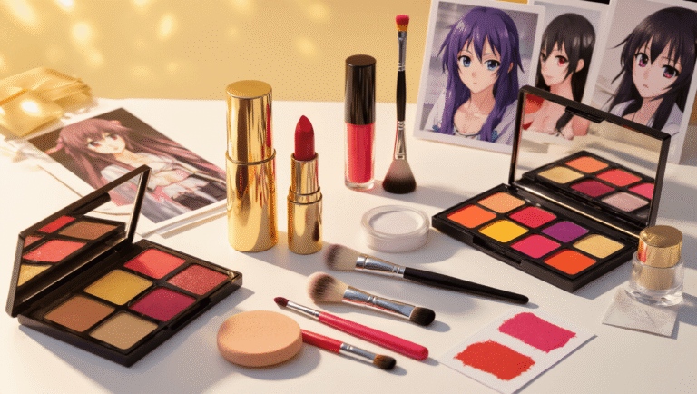 Cosplay lip makeup essentials arranged on a clean white surface, featuring vibrant lipsticks, precision brushes, and swatches showcasing before-and-after transformations, all illuminated by soft golden lighting.