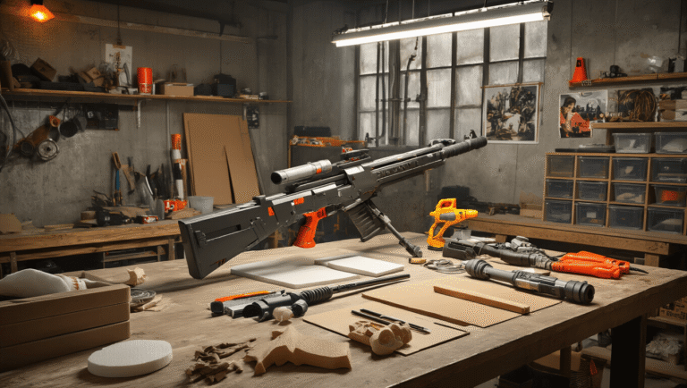 A creative workspace for cosplay prop weapon construction, featuring EVA foam sheets, Worbla thermoplastic, and PVC pipes on a large crafting table, illuminated by natural side lighting. The scene includes heat guns, unfinished weapon components in various stages, a concrete industrial backdrop, a wooden workbench, pinned reference images, warm amber lighting, visible safety tips, and clear storage containers, highlighting intricate textures and craftsmanship.