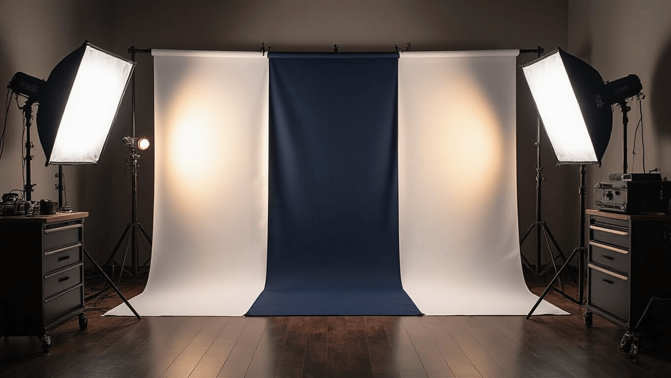 A professional cosplay photography studio setup featuring a modular backdrop stand with black, white, and navy scuba fabric, illuminated by soft umbrella lights and a ring light, casting warm golden hour tones and highlighting costume textures on dark hardwood floors.