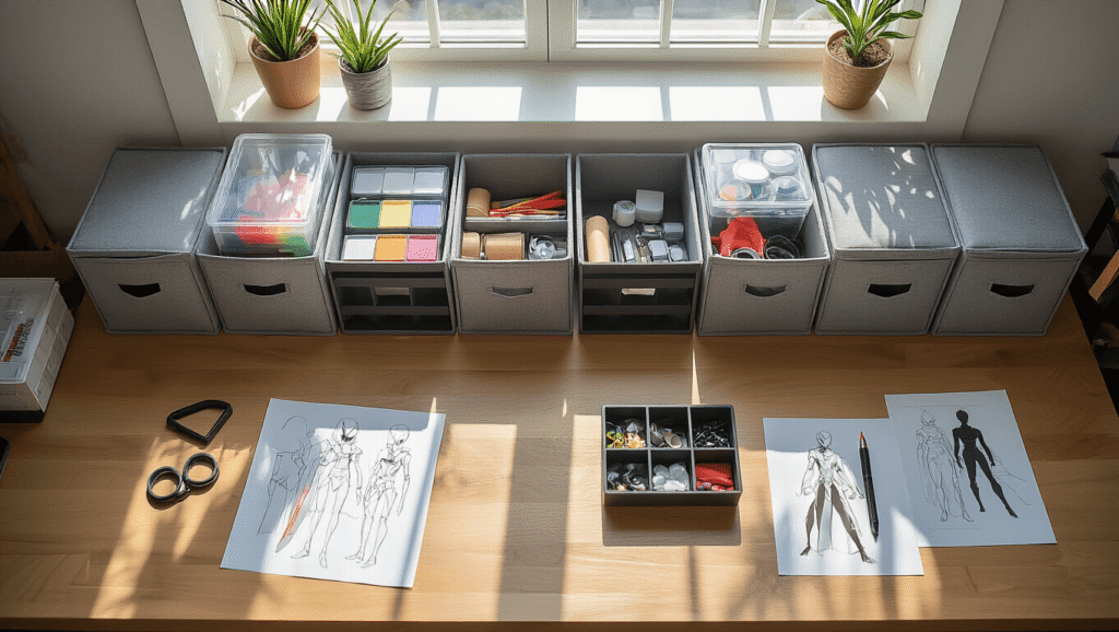 Cinematic overhead view of a minimalist cosplay crafting workspace, featuring muted gray fabric storage cubes, transparent plastic containers of color-coded supplies, and custom black foamcore drawer dividers. Intricate tool arrangements and scattered costume sketches lie on a warm wooden desktop, illuminated by soft natural light, creating an inviting and organized atmosphere.