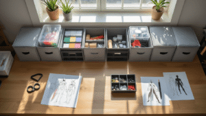 Cinematic overhead view of a minimalist cosplay crafting workspace, featuring muted gray fabric storage cubes, transparent plastic containers of color-coded supplies, and custom black foamcore drawer dividers. Intricate tool arrangements and scattered costume sketches lie on a warm wooden desktop, illuminated by soft natural light, creating an inviting and organized atmosphere.