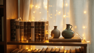 Cozy mid-century walnut bookshelf adorned with warm copper wire fairy lights, vintage books, ceramic vases, and brass bookends, illuminated by soft golden hour light filtering through linen curtains.