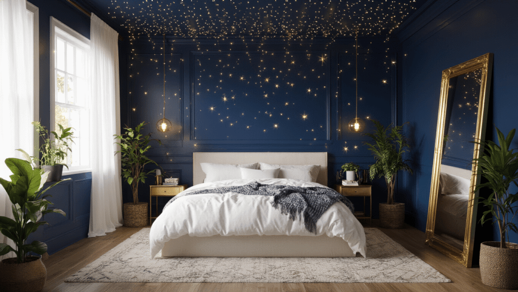 Cinematic low-angle view of a cozy 10x10 bedroom featuring deep navy walls, soft fairy lights, a brass-framed mirror, rich white linens, and a warm, inviting atmosphere enhanced by golden hour sunlight streaming through sheer curtains.