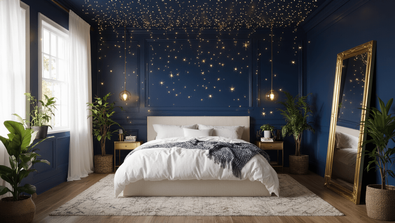 Cinematic low-angle view of a cozy 10x10 bedroom featuring deep navy walls, soft fairy lights, a brass-framed mirror, rich white linens, and a warm, inviting atmosphere enhanced by golden hour sunlight streaming through sheer curtains.