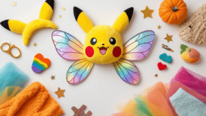 A flat lay of cheerful Halloween costume elements including yellow Pikachu ears, iridescent fairy wings, colorful felt, fuzzy swatches, rainbow tulle, and sparkly accessories, arranged on a clean white background with warm golden lighting.