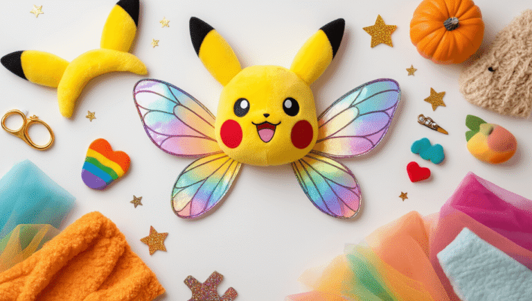 A flat lay of cheerful Halloween costume elements including yellow Pikachu ears, iridescent fairy wings, colorful felt, fuzzy swatches, rainbow tulle, and sparkly accessories, arranged on a clean white background with warm golden lighting.