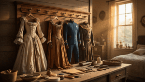 Elegant bedroom wall with walnut-stained costume organization board displaying a Renaissance dress, Star Trek uniform, and medieval ensemble, illuminated by warm golden hour lighting. Scattered DIY materials and cozy vintage ambiance enhance the inviting crafting atmosphere.