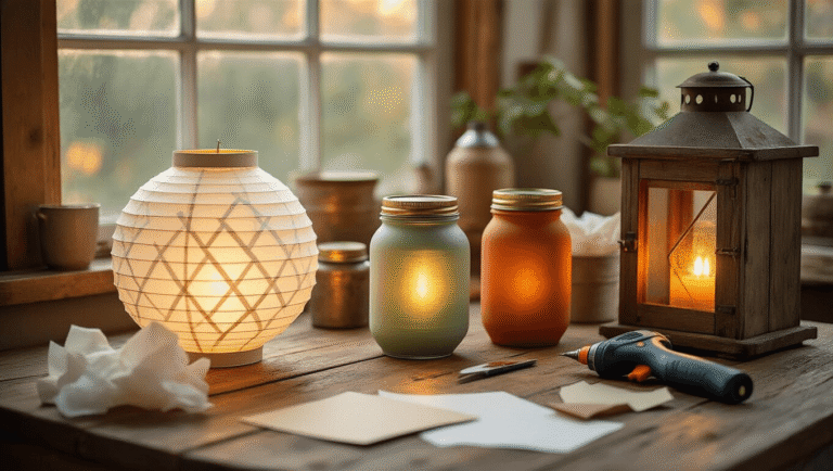 Cinematic overhead view of a DIY lantern crafting workspace with various lantern styles, warm LED lighting, crafting tools, and soft golden hour lighting casting gentle shadows, creating a cozy atmosphere.