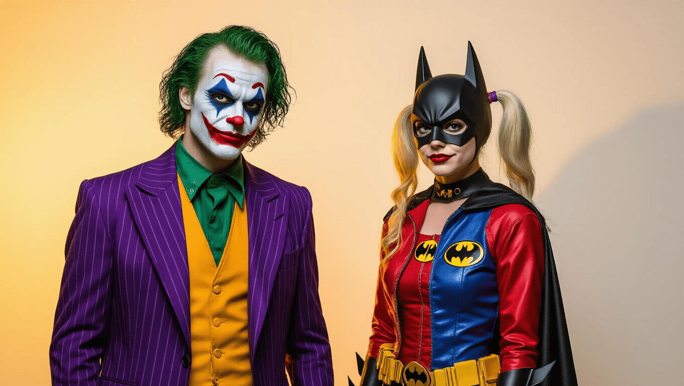 Two Halloween costume pairs: the Joker in a purple pinstripe suit with green hair and Harley Quinn in a distressed red and blue jacket, alongside Batman in a dark cape and Robin in a colorful superhero outfit, all set against a clean white background with warm golden lighting.