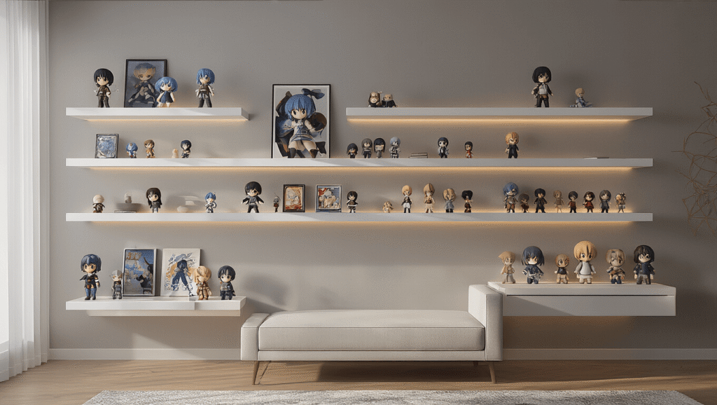 Displaying Figures on Floating Shelves: My Guide to Showing Off Your Collection A cinematic wide-angle shot of a modern living room with sleek white floating shelves on a warm gray wall, displaying curated anime figurines and collectibles with intentional spacing, soft morning light casting shadows, rich textures, and subtle LED backlighting, creating a cozy, museum-quality collector's sanctuary.