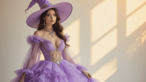 A glamorous pastel witch costume featuring a fitted lilac dress with jeweled cutouts and a dramatic wide-brimmed hat, displayed on a clean white background with warm golden hour lighting.