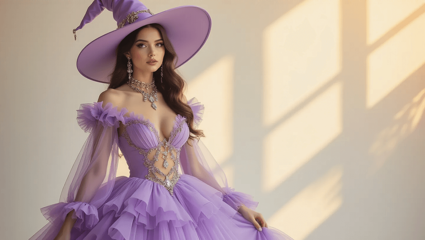 A glamorous pastel witch costume featuring a fitted lilac dress with jeweled cutouts and a dramatic wide-brimmed hat, displayed on a clean white background with warm golden hour lighting.