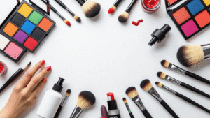 A vibrant cosplay makeup station with colorful face paint palettes, brushes, and fake blood, arranged on a clean white background, illuminated by warm studio lighting.